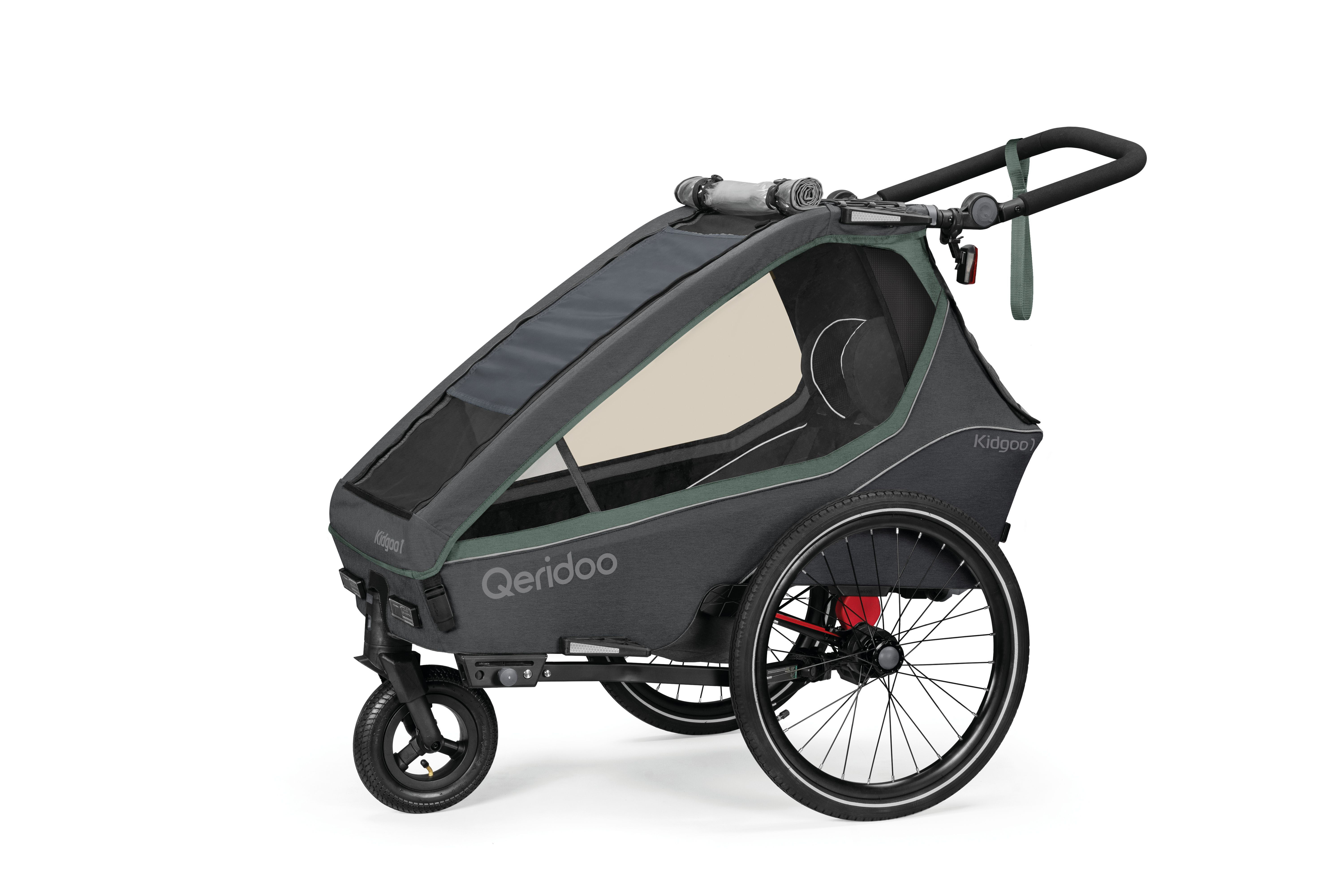 Qeridoo Kidgoo1 Kinder Fahrradanhänger Klappbar Modell 2023 gefedert grün